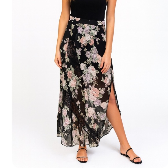 ASTR the label maxi skirt black & floral print SZ M zip up lined lace SZ M - Picture 1 of 14